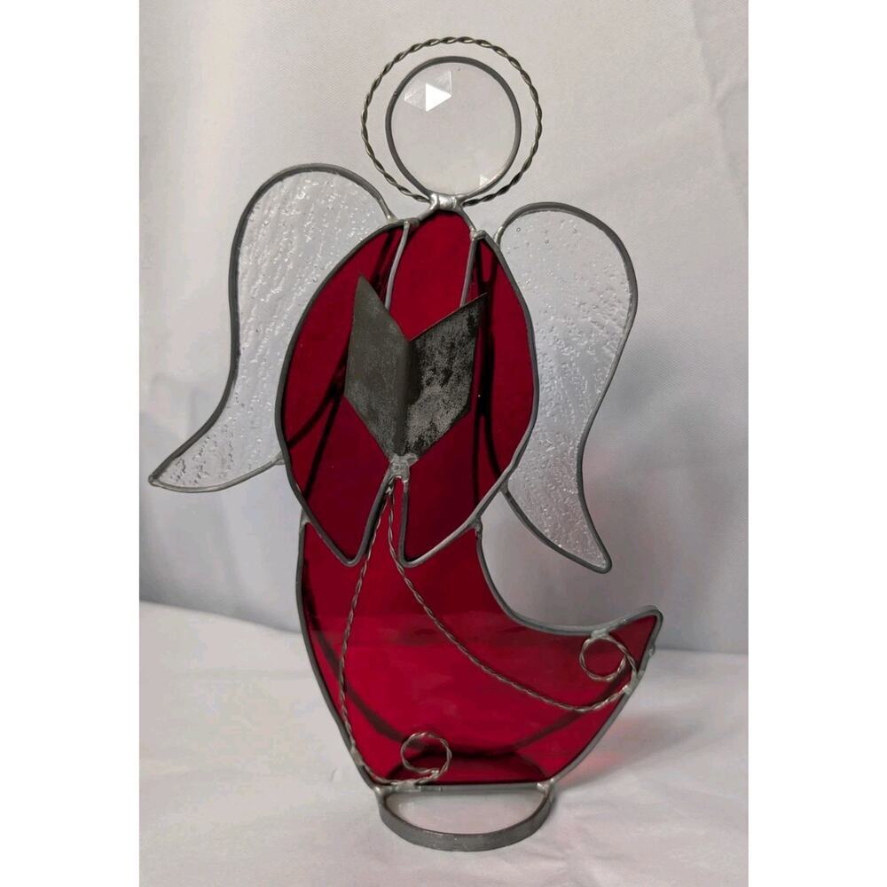 Vintage Red Stained Glass Angel Figurine Metal Hand Made Unique 10"